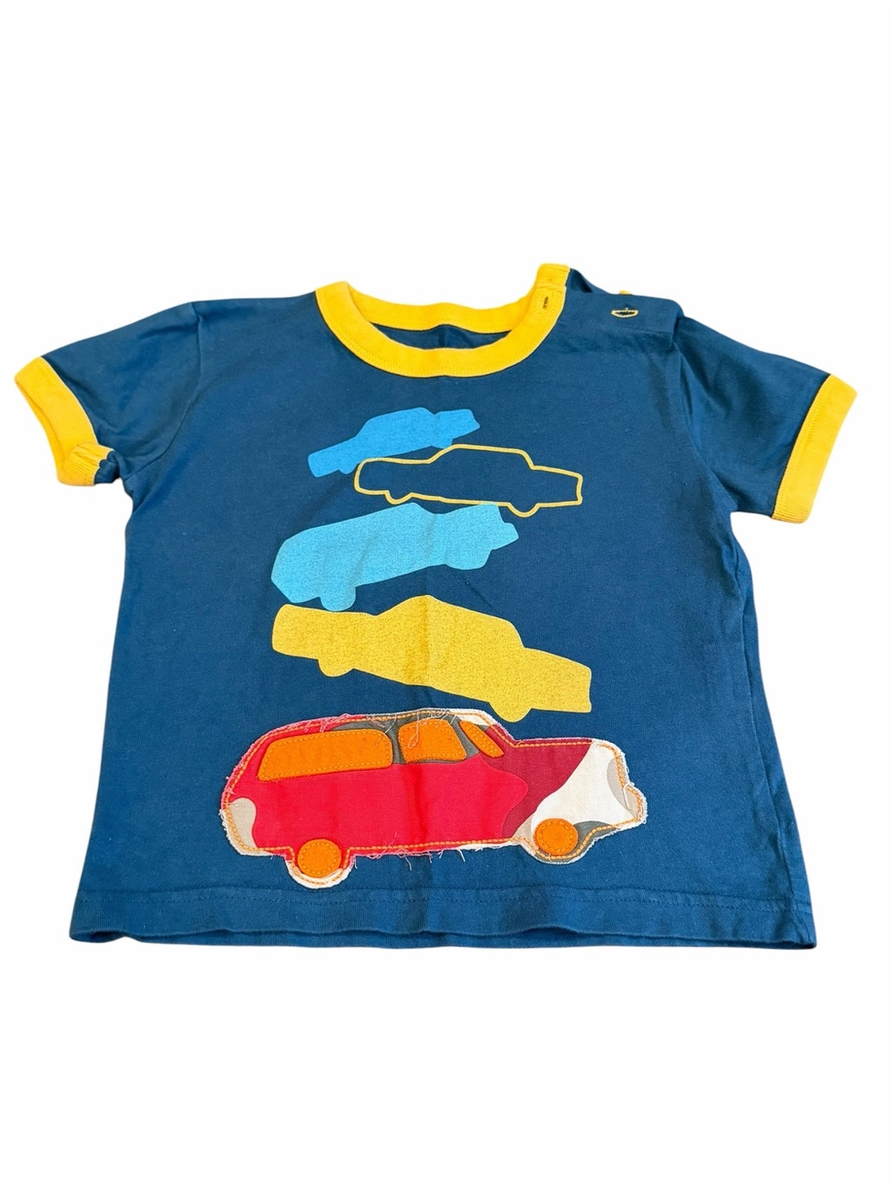Mini Boden,  Blue Tee with Yellow Trim and Multicolor Car Appliqués, Size 1 1/2-
